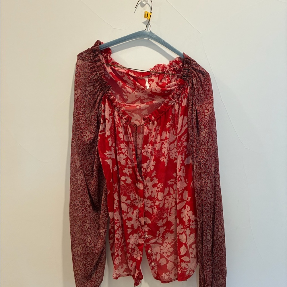 Free People Red Ruched Tie Front Blouse